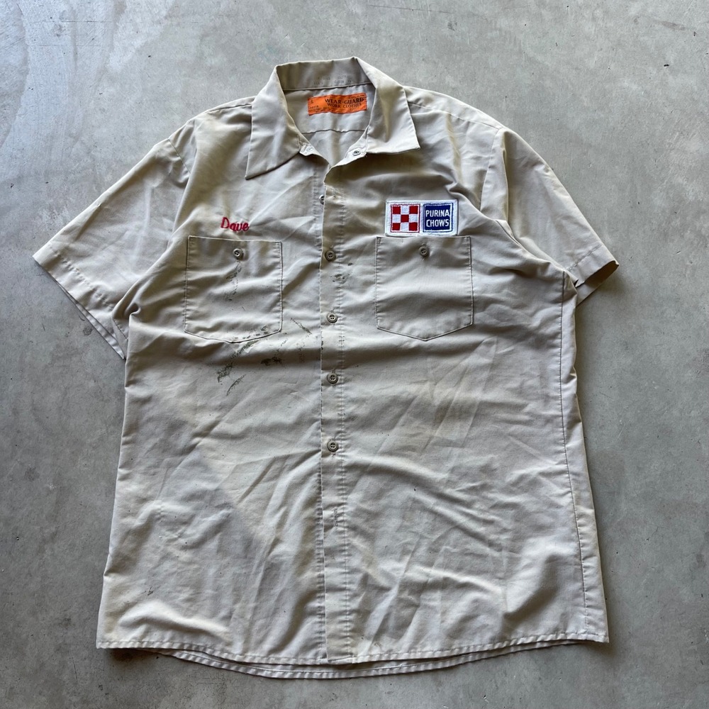 Vintage Wear-Guard Purina Chows Work Shirt Dave Embroidered Tan Short Sleeve L